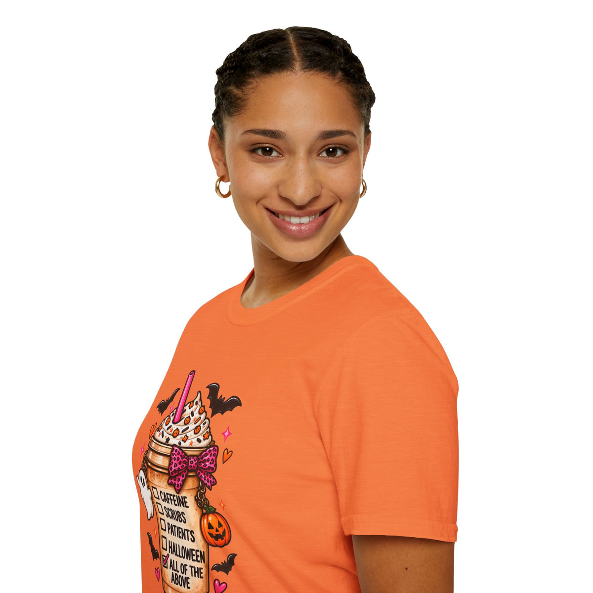 Halloween Nurse Coffee T-Shirt — "Caffeine, Scrubs, Patients" Fall Medical Tee