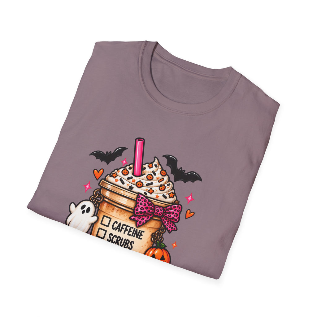 Halloween Nurse Coffee T-Shirt — "Caffeine, Scrubs, Patients" Fall Medical Tee