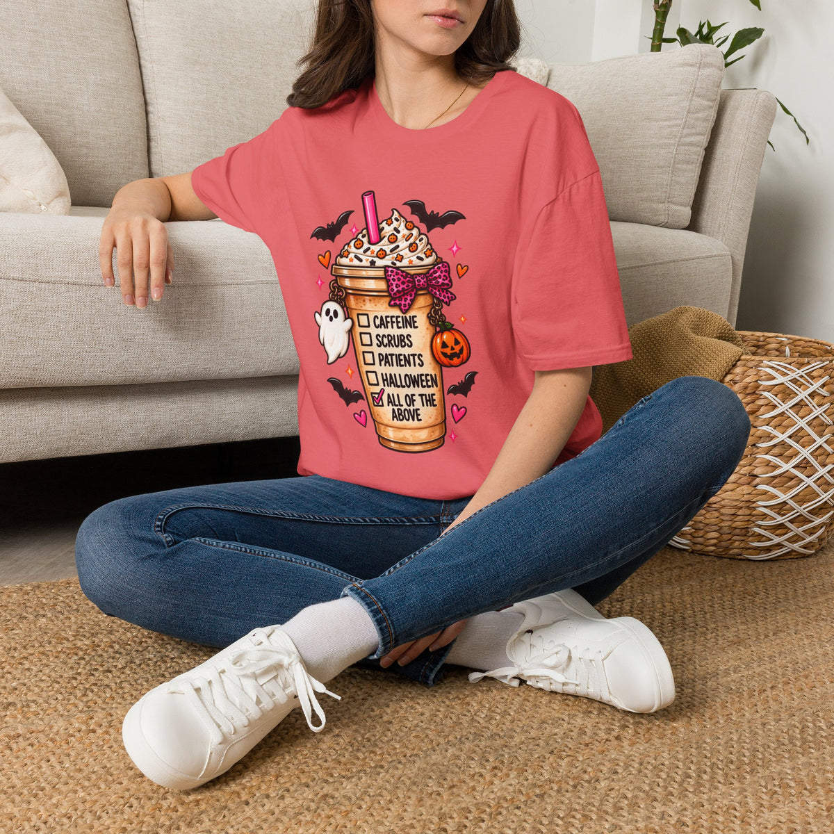 Halloween Nurse Coffee T-Shirt — "Caffeine, Scrubs, Patients" Fall Medical Tee