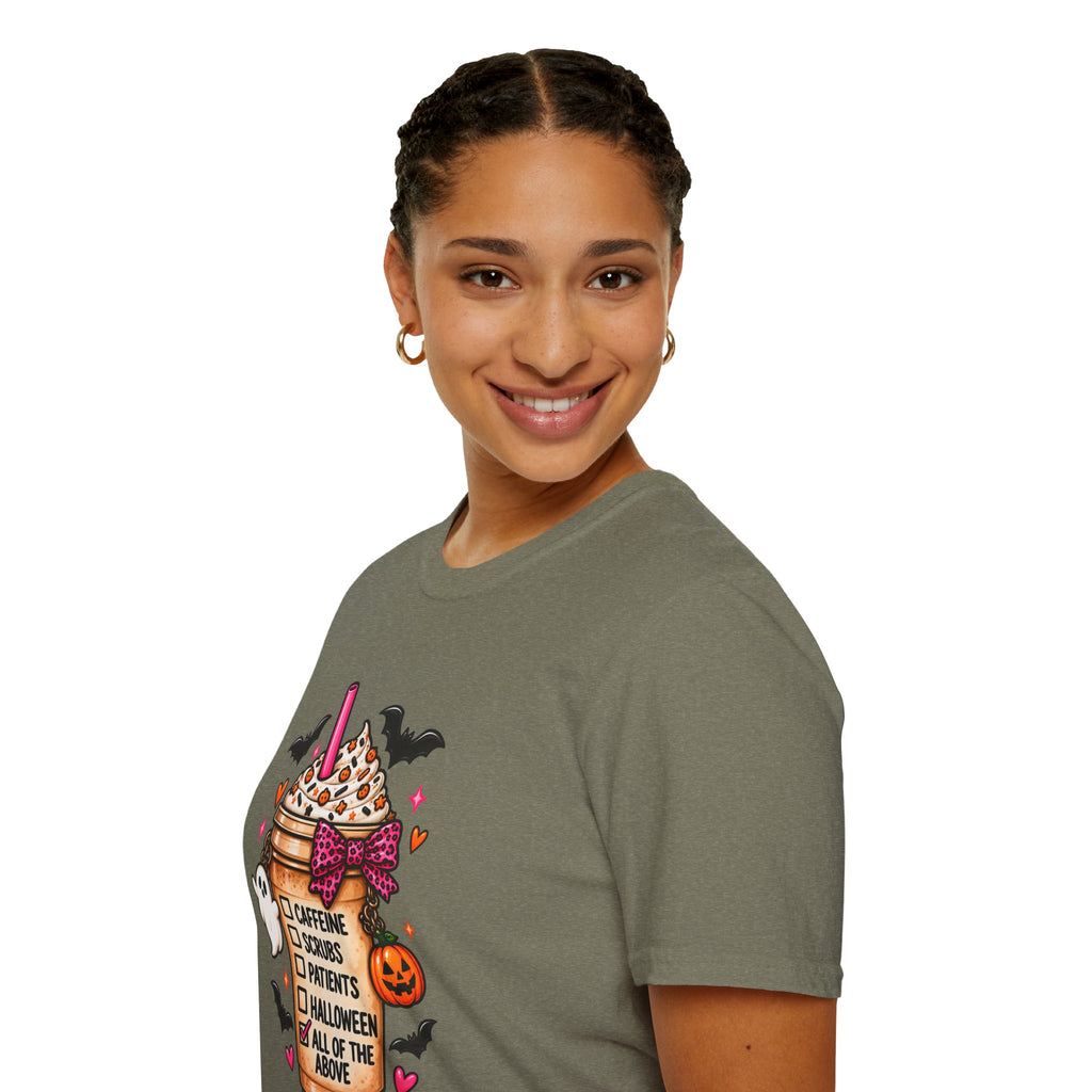 Halloween Nurse Coffee T-Shirt — "Caffeine, Scrubs, Patients" Fall Medical Tee