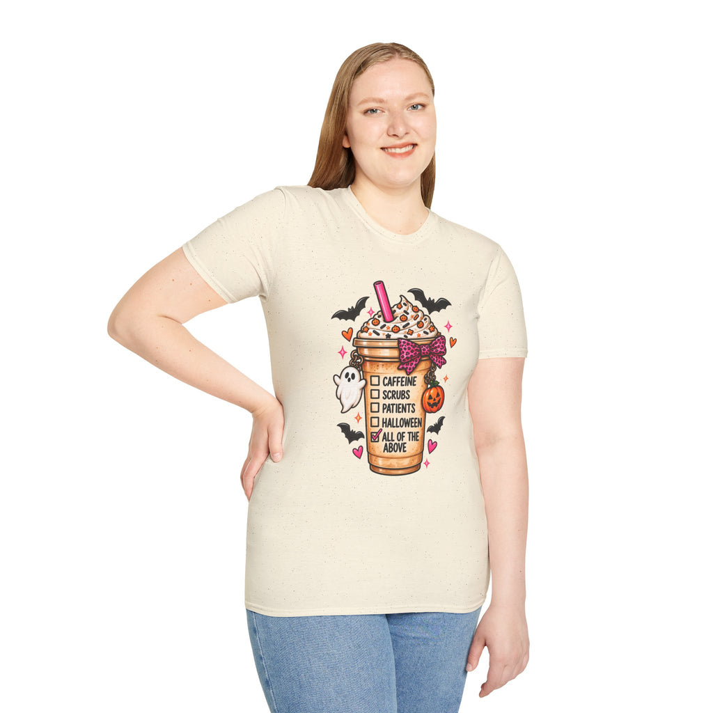 Halloween Nurse Coffee T-Shirt — "Caffeine, Scrubs, Patients" Fall Medical Tee