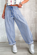 Blue Stripe Drawstring Casual Loose Pants