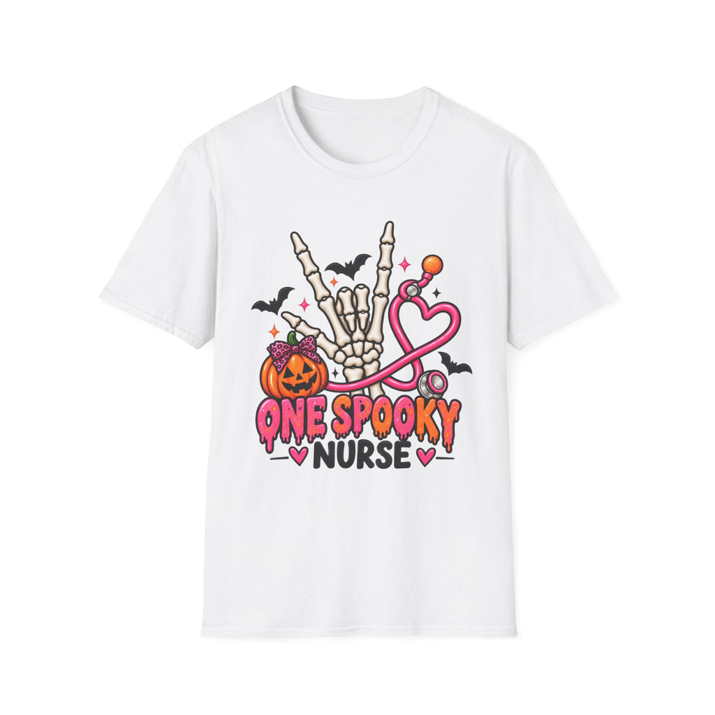 Halloween Nurse T-Shirt — "One Spooky Nurse" Skeleton, Pumpkin & Stethoscope Tee