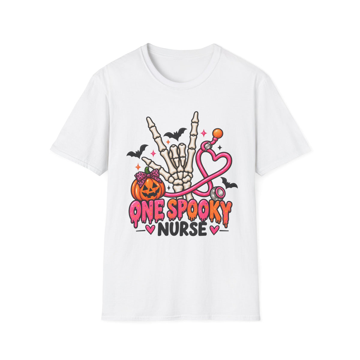 Halloween Nurse T-Shirt — "One Spooky Nurse" Skeleton, Pumpkin & Stethoscope Tee