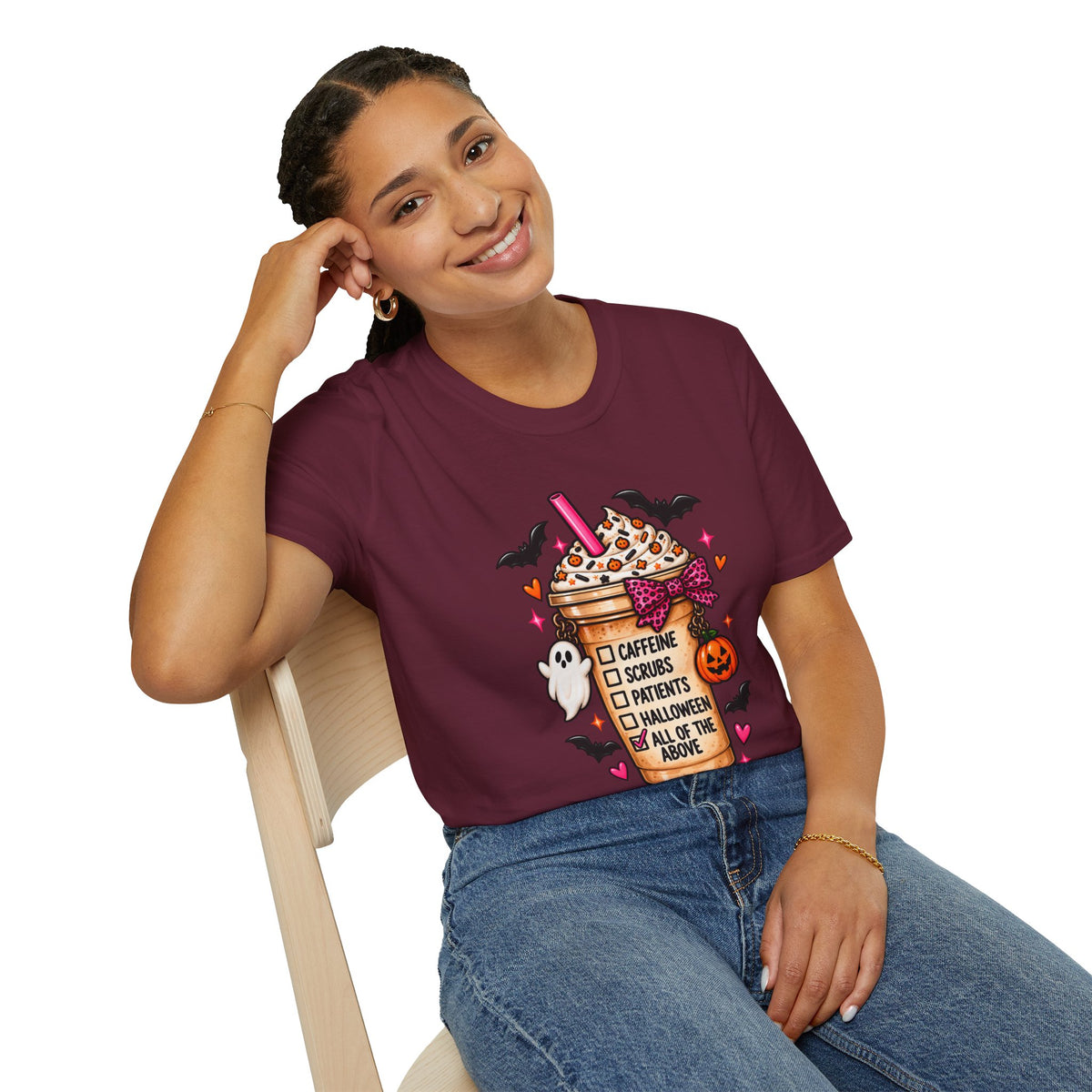 Halloween Nurse Coffee T-Shirt — "Caffeine, Scrubs, Patients" Fall Medical Tee