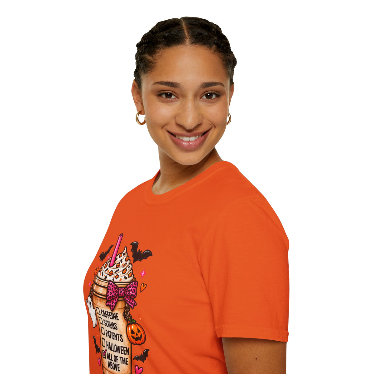 Halloween Nurse Coffee T-Shirt — "Caffeine, Scrubs, Patients" Fall Medical Tee