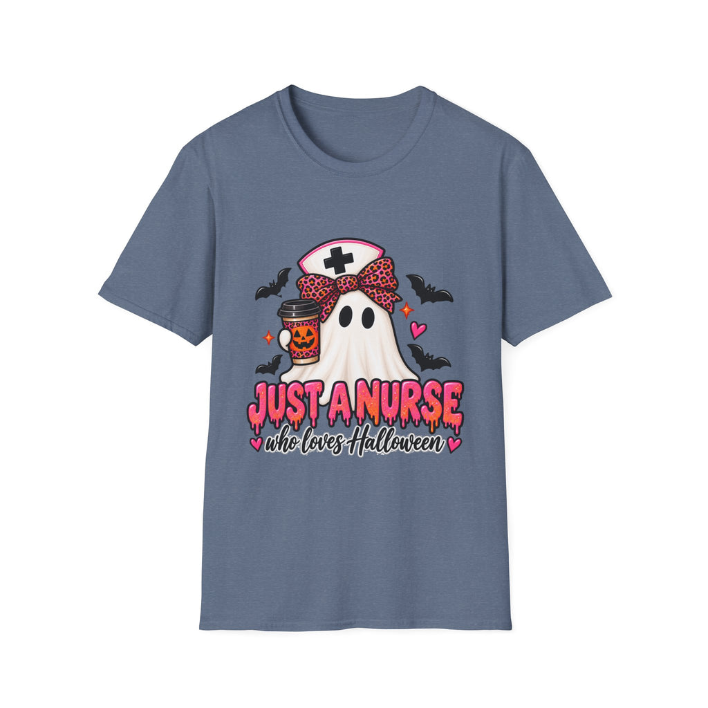 Halloween Nurse T‑Shirt – “Just a Nurse Who Loves Halloween” Ghost Design
