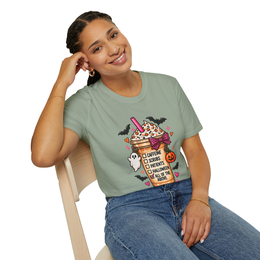 Halloween Nurse Coffee T-Shirt — "Caffeine, Scrubs, Patients" Fall Medical Tee