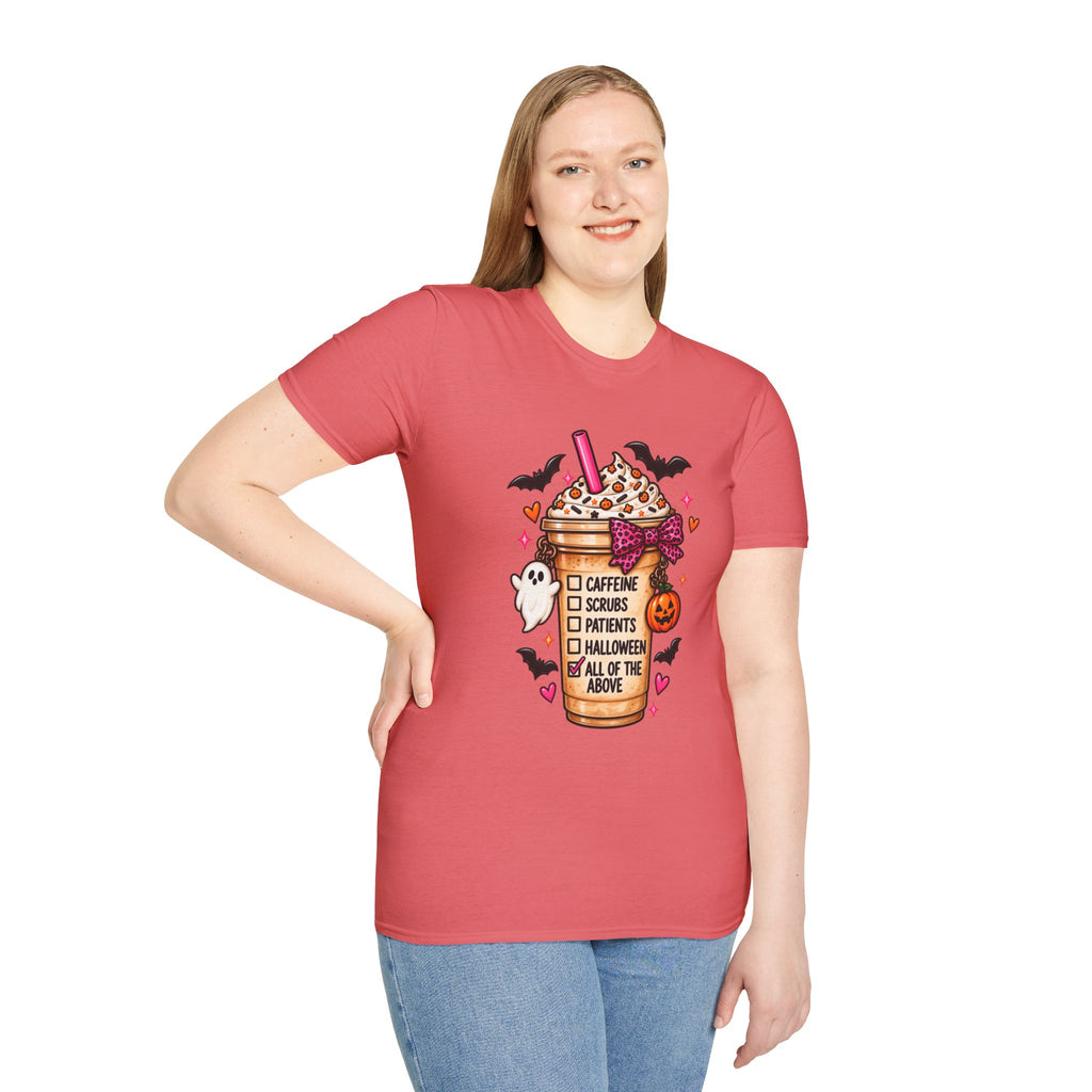 Halloween Nurse Coffee T-Shirt — "Caffeine, Scrubs, Patients" Fall Medical Tee