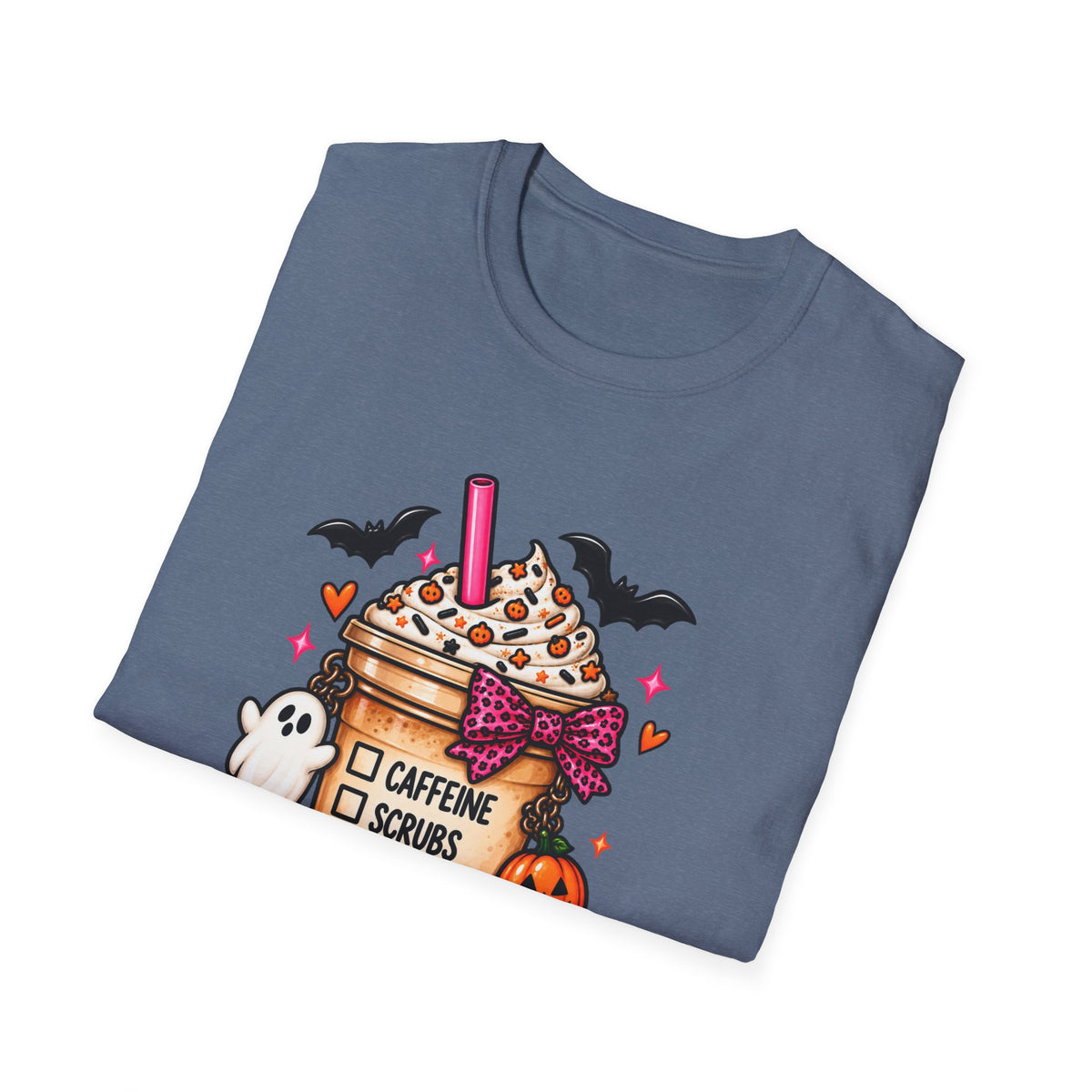 Halloween Nurse Coffee T-Shirt — "Caffeine, Scrubs, Patients" Fall Medical Tee