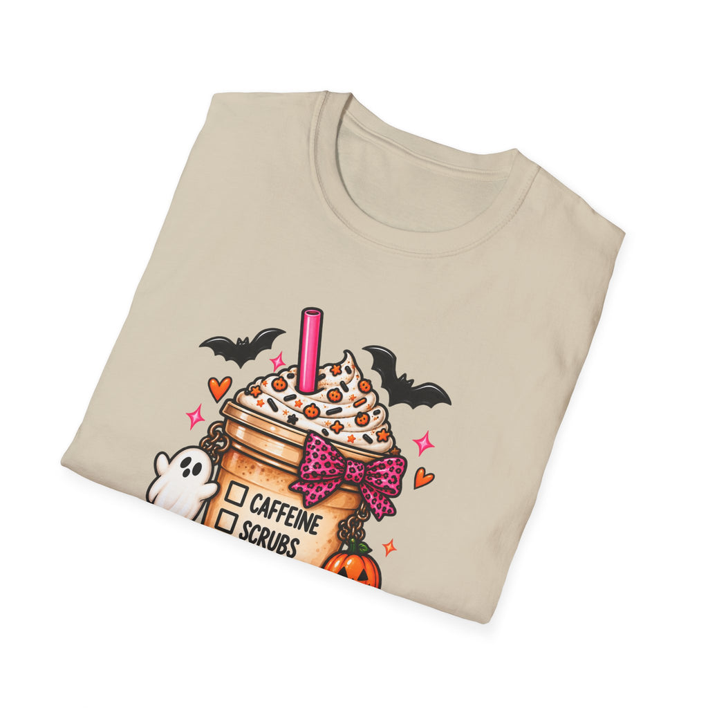 Halloween Nurse Coffee T-Shirt — "Caffeine, Scrubs, Patients" Fall Medical Tee