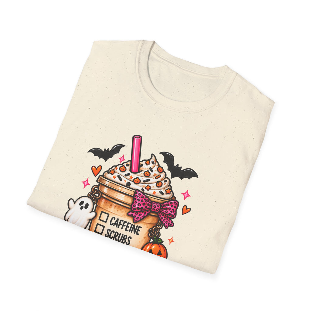 Halloween Nurse Coffee T-Shirt — "Caffeine, Scrubs, Patients" Fall Medical Tee