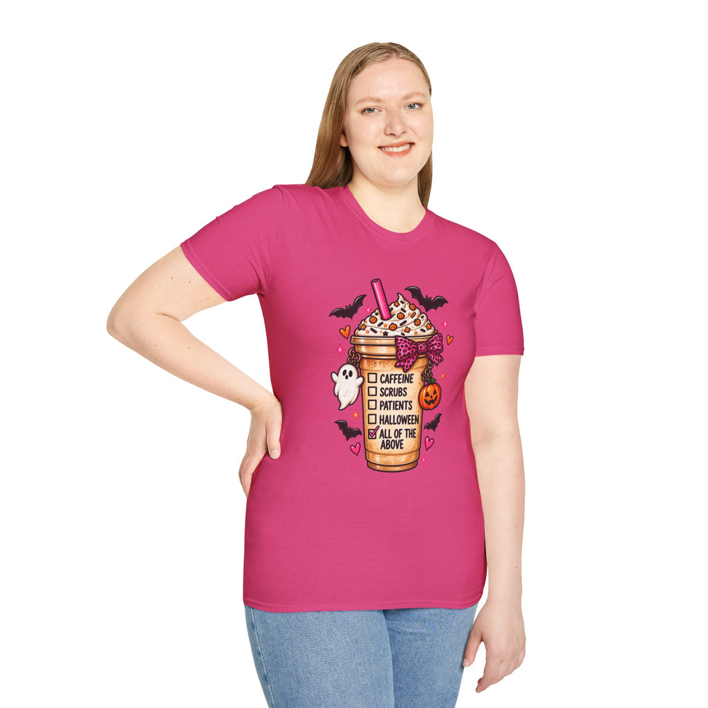 Halloween Nurse Coffee T-Shirt — "Caffeine, Scrubs, Patients" Fall Medical Tee