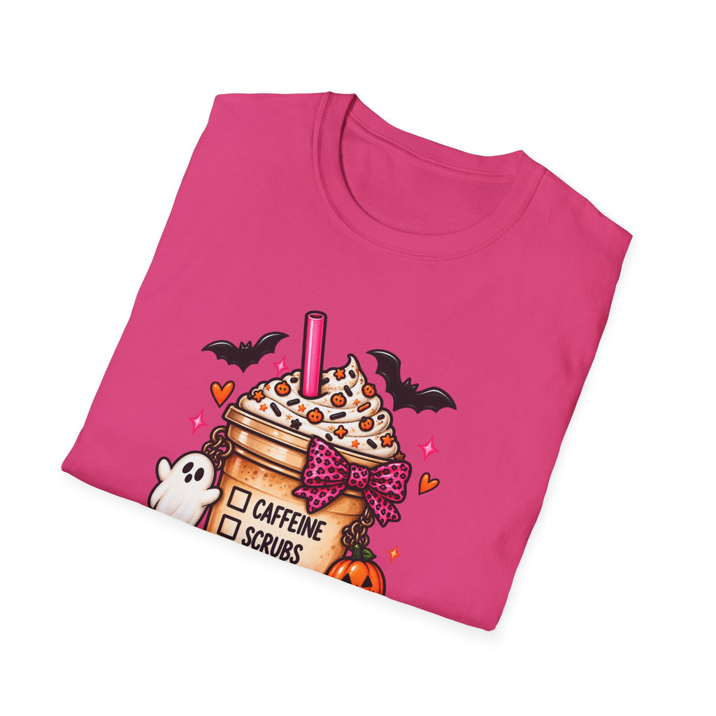 Halloween Nurse Coffee T-Shirt — "Caffeine, Scrubs, Patients" Fall Medical Tee