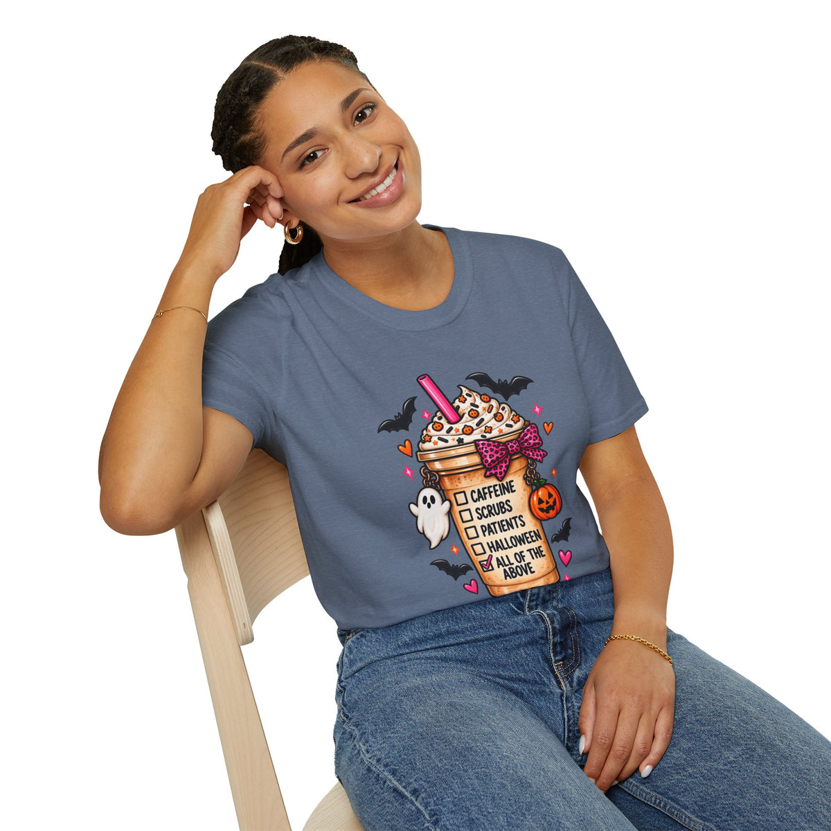 Halloween Nurse Coffee T-Shirt — "Caffeine, Scrubs, Patients" Fall Medical Tee