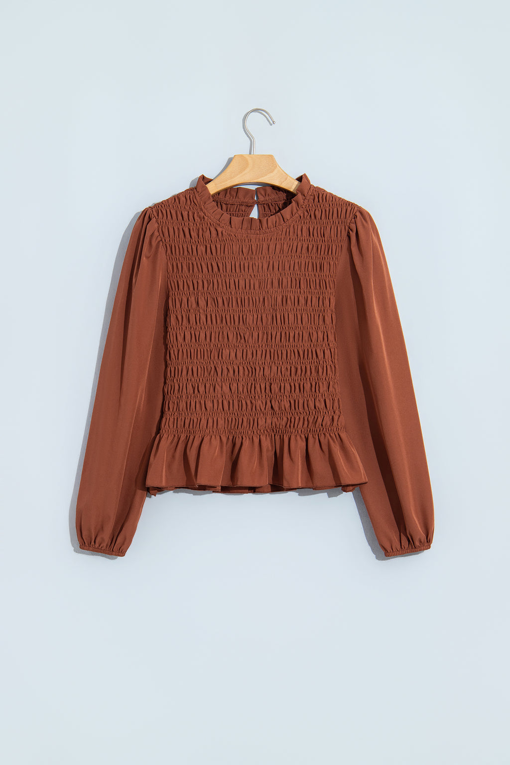 Jet Stream Solid Color Smocked Ruffle Hem Long Sleeve Blouse