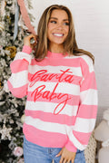 Pink Stripe Santa Baby Embroidered Christmas Slogan Drop Shoulder Pullover Sweater