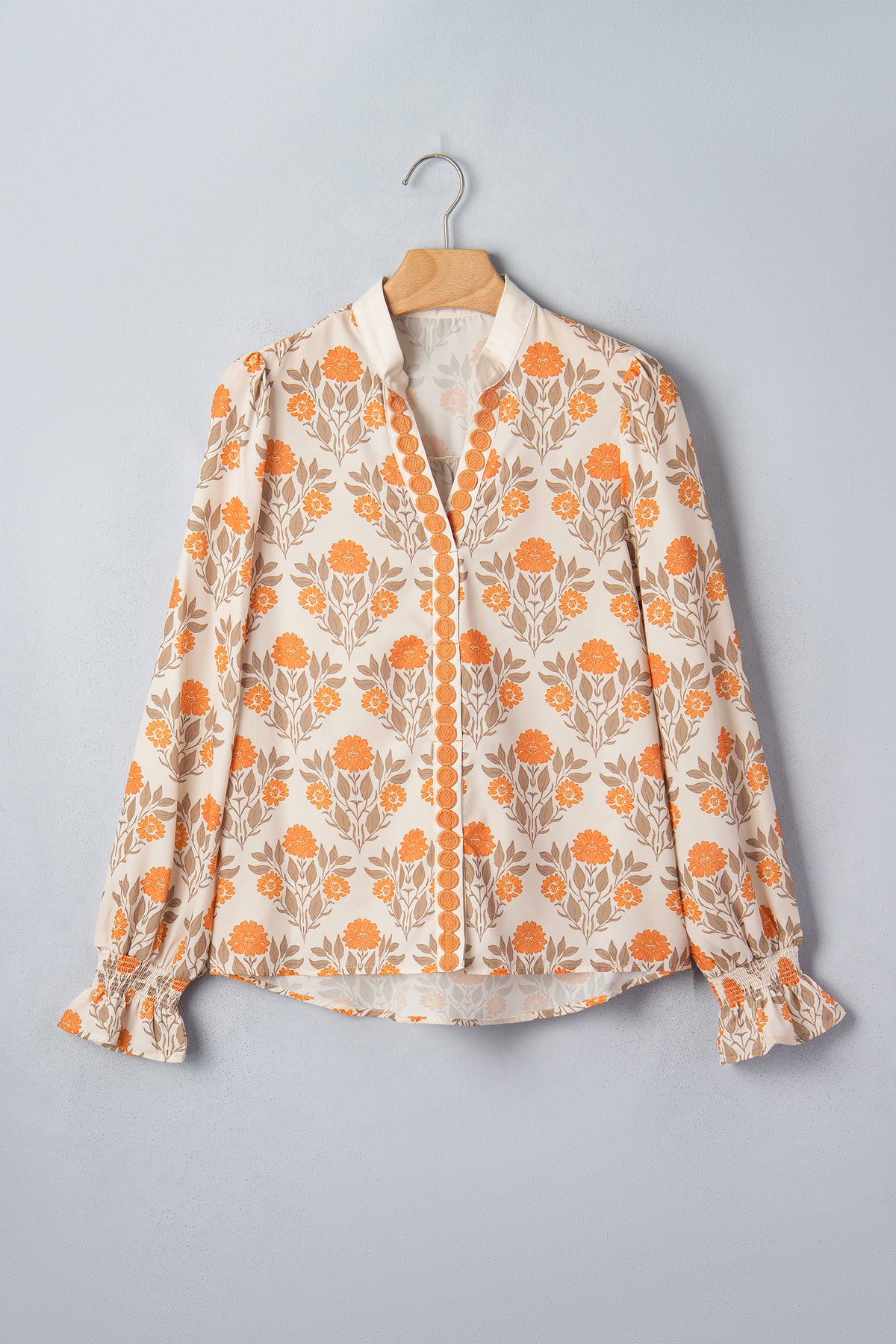Orange Floral Print Contrast Detail V Neck Long Sleeve Blouse