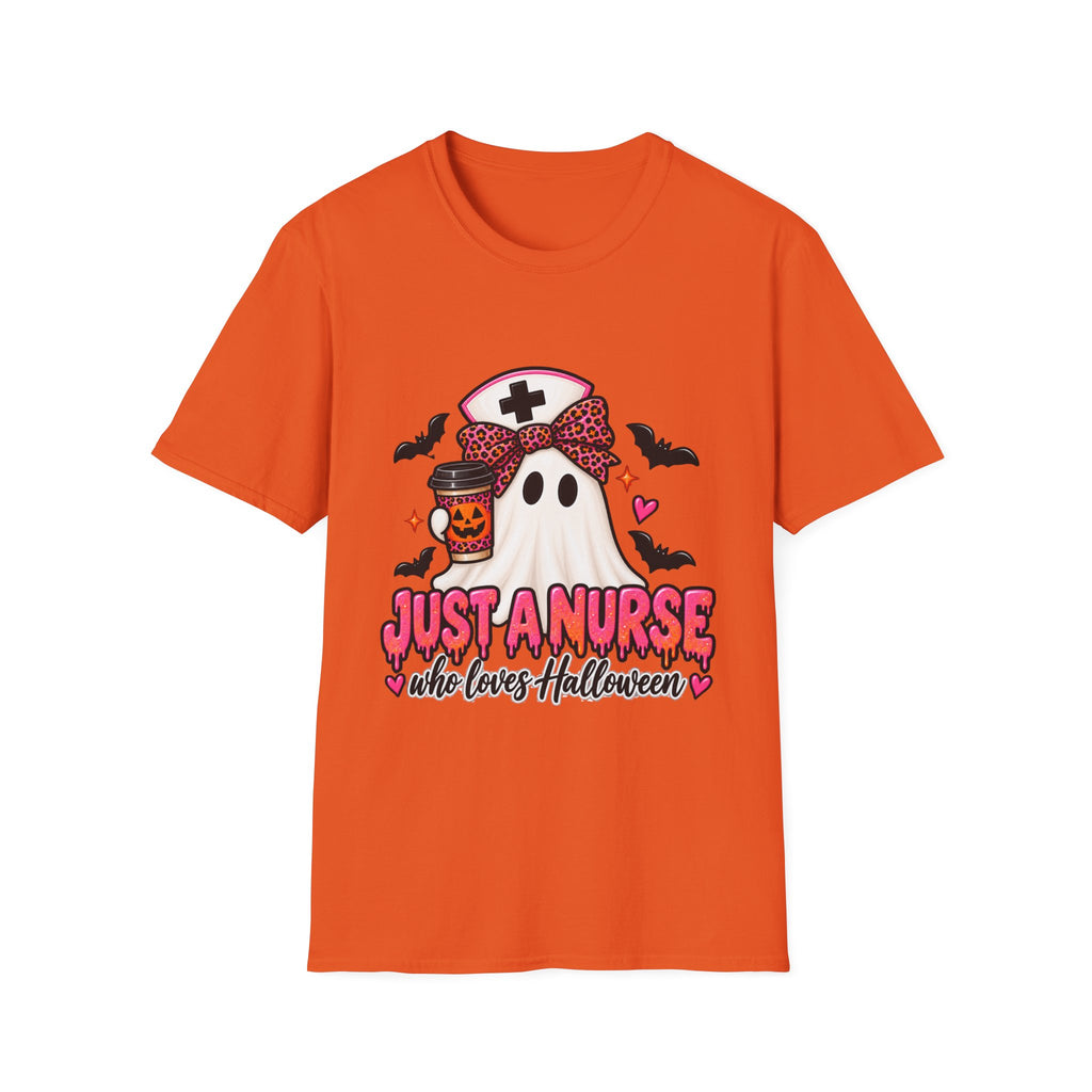 Halloween Nurse T‑Shirt – “Just a Nurse Who Loves Halloween” Ghost Design