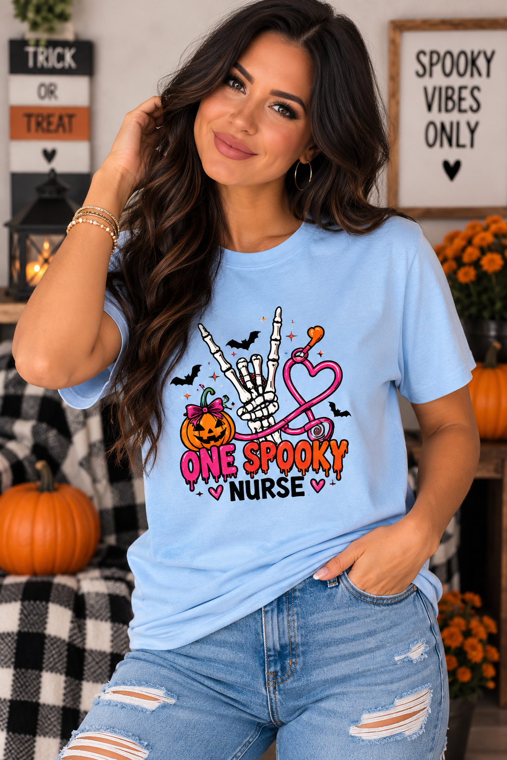 Halloween Nurse T-Shirt — "One Spooky Nurse" Skeleton, Pumpkin & Stethoscope Tee