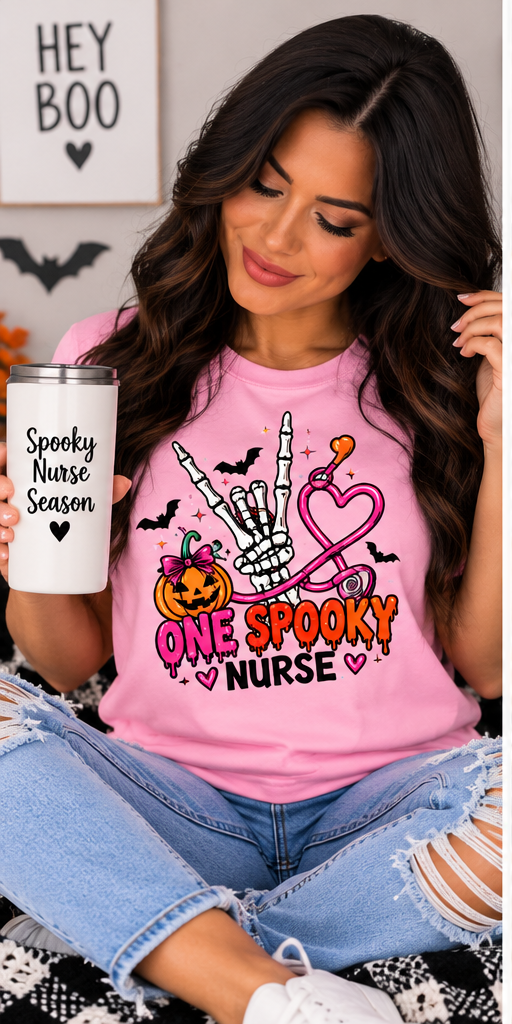 Halloween Nurse T-Shirt — "One Spooky Nurse" Skeleton, Pumpkin & Stethoscope Tee
