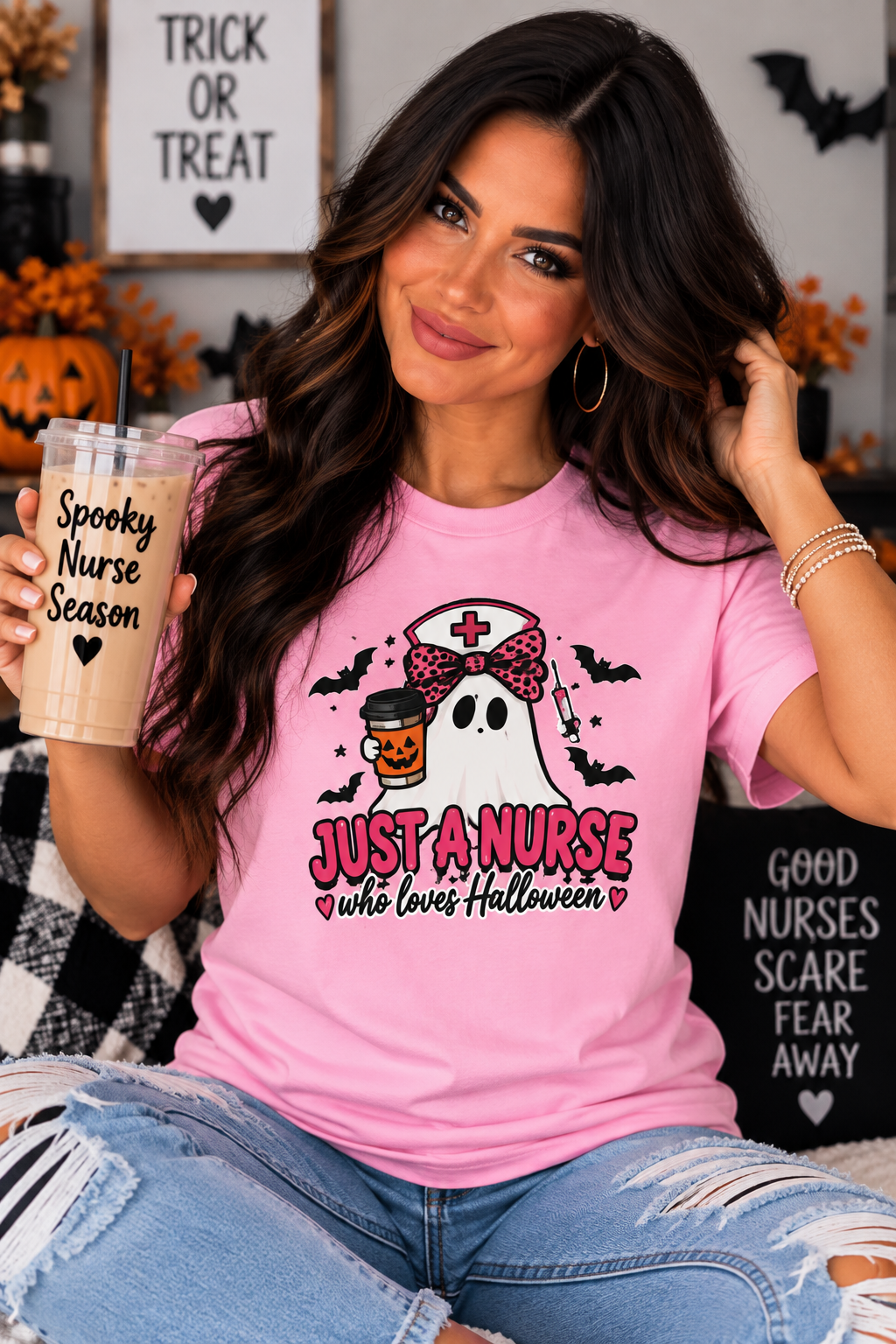 Halloween Nurse T‑Shirt – “Just a Nurse Who Loves Halloween” Ghost Design