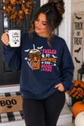 Crewneck Sweatshirt — "Fueled by Caffeine and Care" Halloween Coffee Graphic