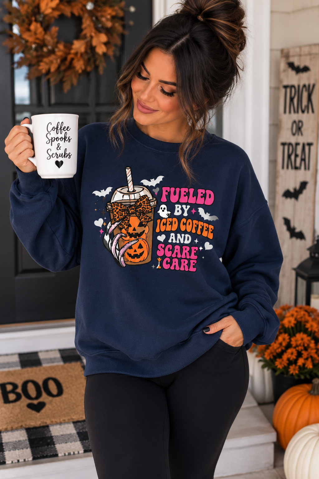 Crewneck Sweatshirt — "Fueled by Caffeine and Care" Halloween Coffee Graphic