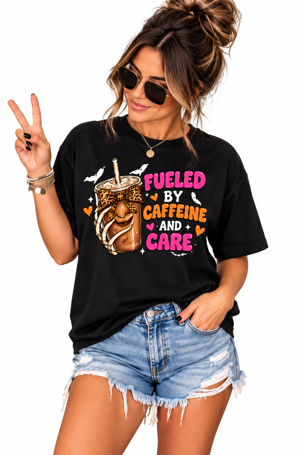 Fueled by Caffeine and Care Tee — Halloween Pumpkin Boba Coffee Shirt