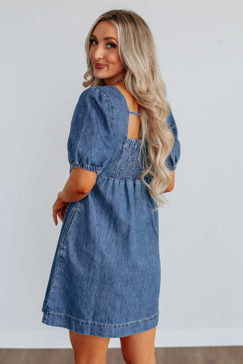 Prussian Blue Button Square Neck Short Puff Sleeve Denim Mini Dress