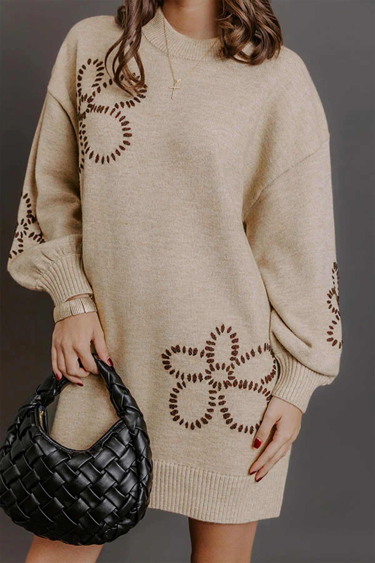 Parchment Floral Pattern Round Neck Puff Sleeve Shift Sweater Dress