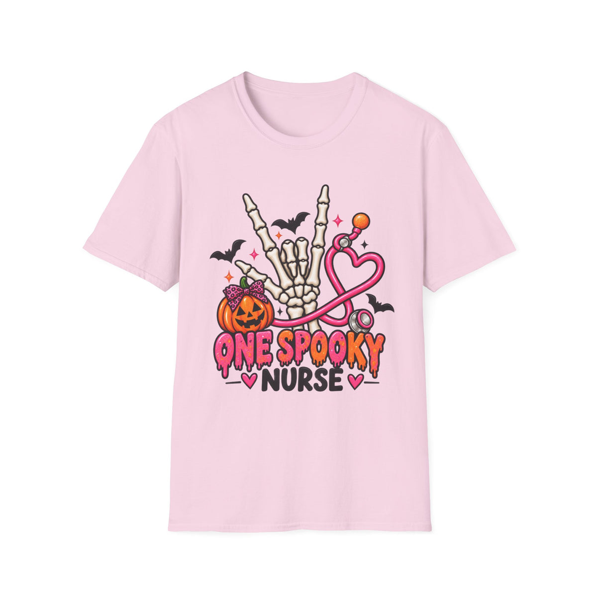 Halloween Nurse T-Shirt — "One Spooky Nurse" Skeleton, Pumpkin & Stethoscope Tee