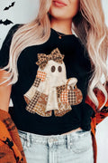 Black Halloween Ghost Appliqué Graphic T-Shirt