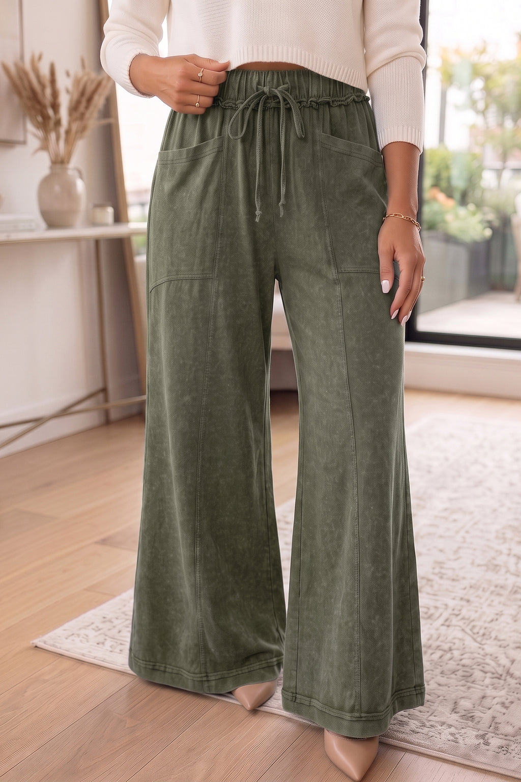 Coffee Mineral Wash Seam Detail Flare Leg Drawstring Pants