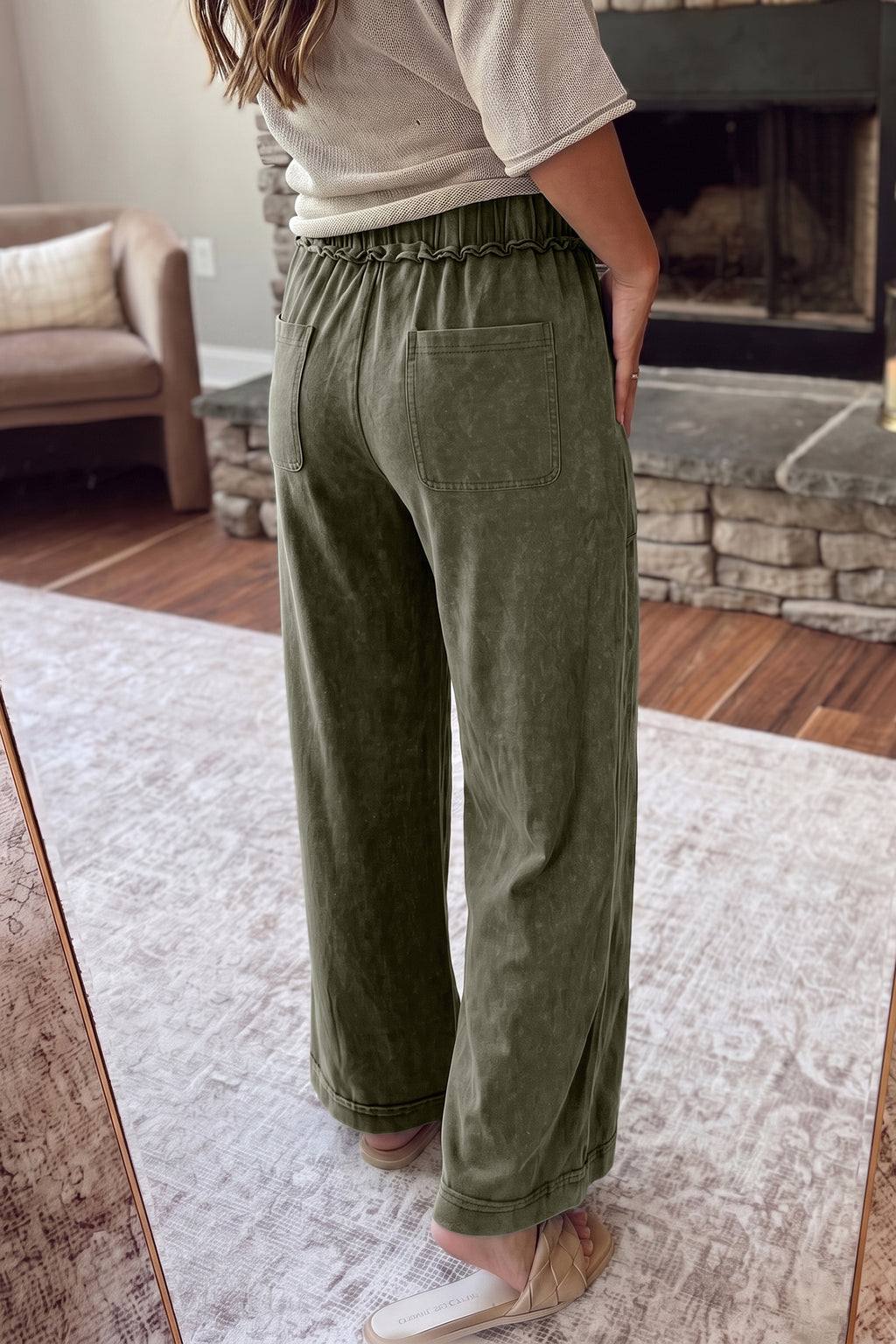 Coffee Mineral Wash Seam Detail Flare Leg Drawstring Pants