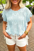 Beau Blue Pointelle Knit Patterned Scalloped Trim Short Sleeve Sweater