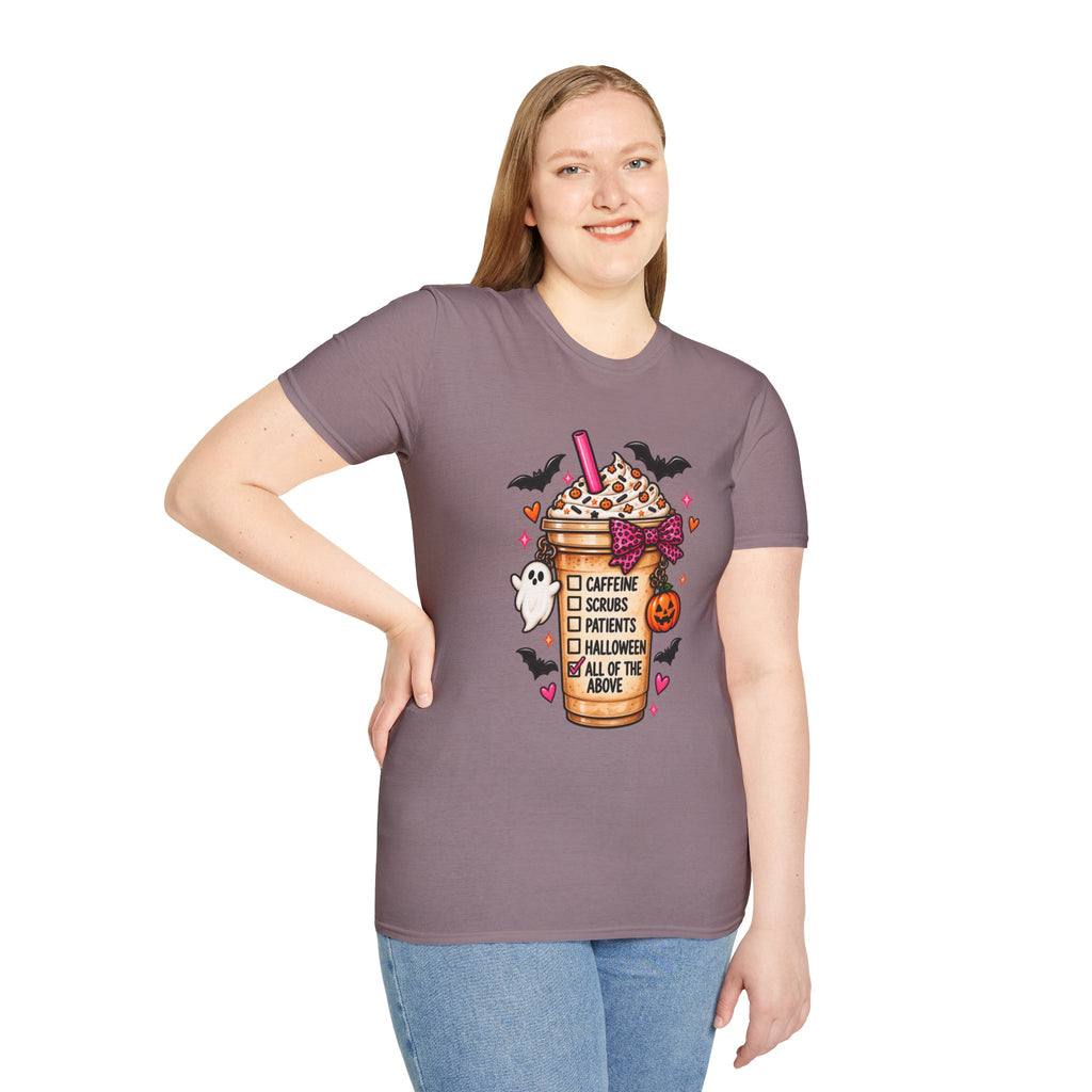 Halloween Nurse Coffee T-Shirt — "Caffeine, Scrubs, Patients" Fall Medical Tee