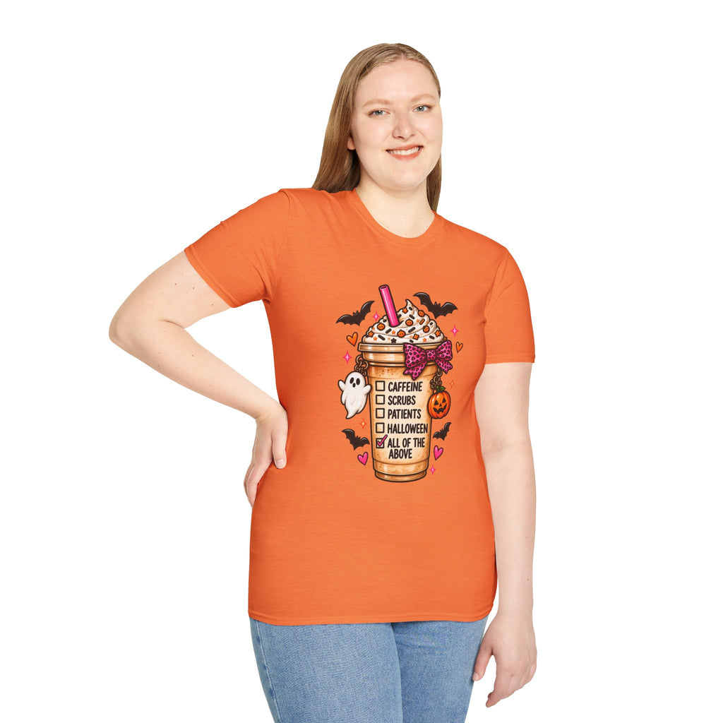 Halloween Nurse Coffee T-Shirt — "Caffeine, Scrubs, Patients" Fall Medical Tee