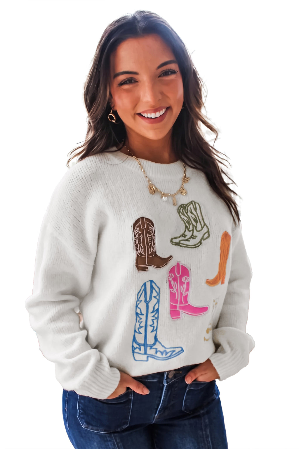 White Western Boots Embroidered Graphic Drop Shoulder Pullover Sweater