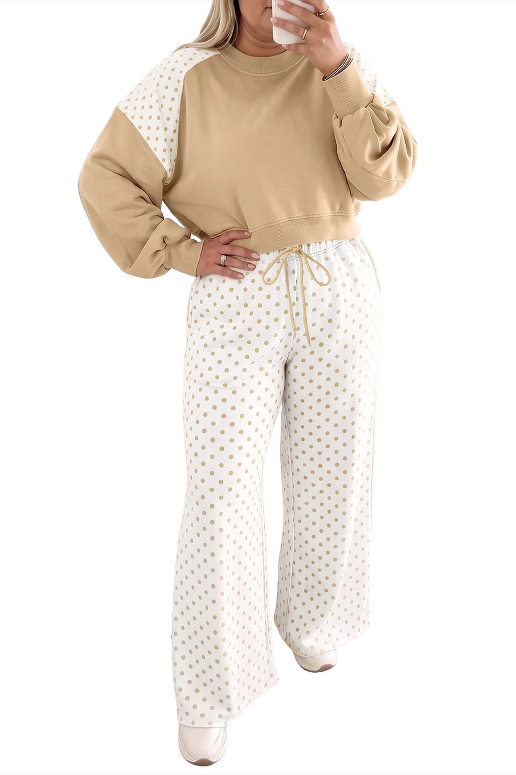 Khaki Plus Size Color Block Contrast Polka Dot Long Sleeve Top Drawstring Pants Set