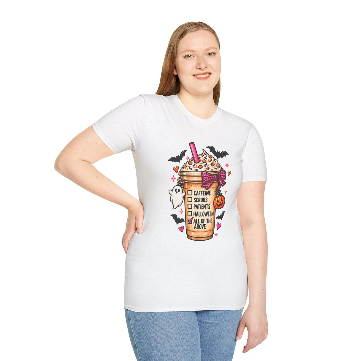Halloween Nurse Coffee T-Shirt — "Caffeine, Scrubs, Patients" Fall Medical Tee