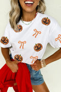 White Sequin Pumpkin Face Bow Halloween Graphic T Shirt