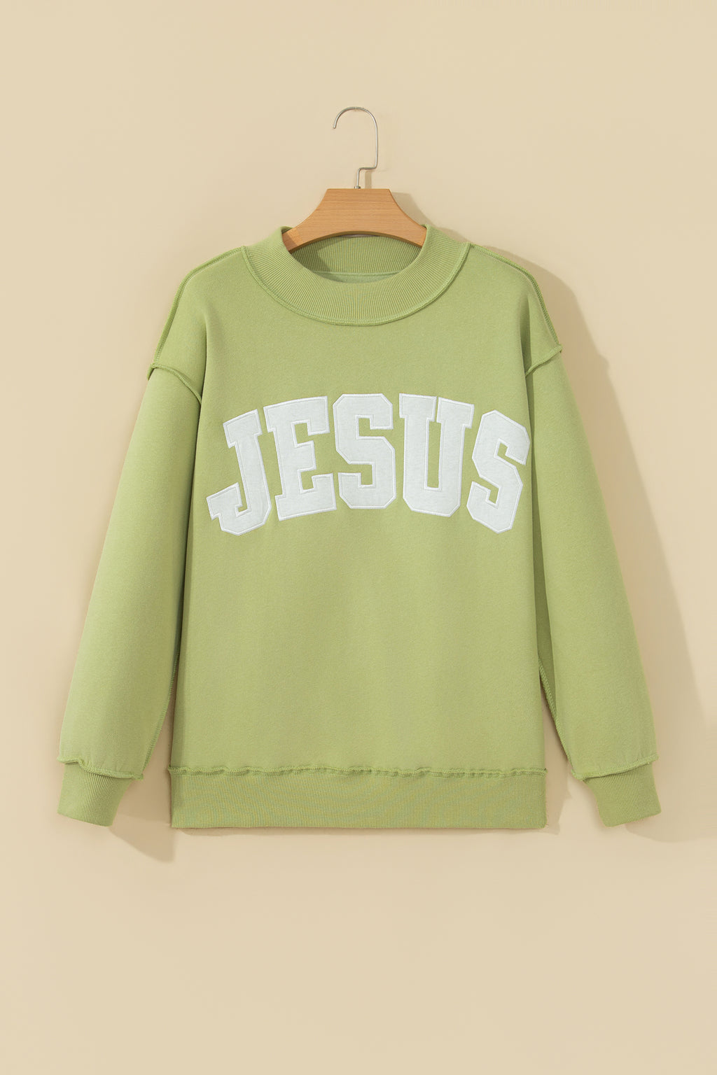Meadow Mist Green JESUS Letter Patch Graphic Exposed Seam Mock Neck Baggy Sweatshirt