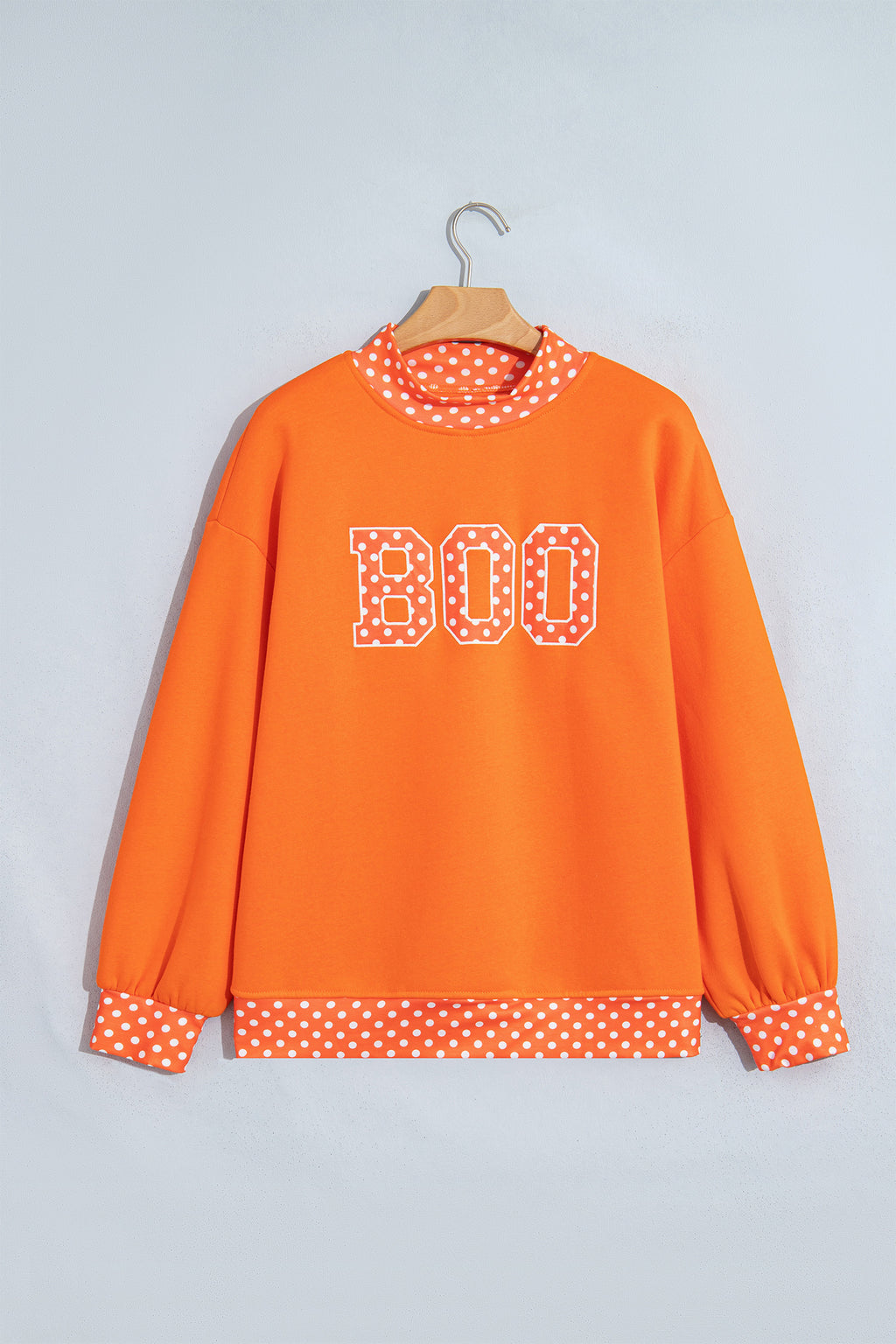 Grapefruit Orange Polka Dot Letter Print Contrast Trim Mock Neck Sweatshirt