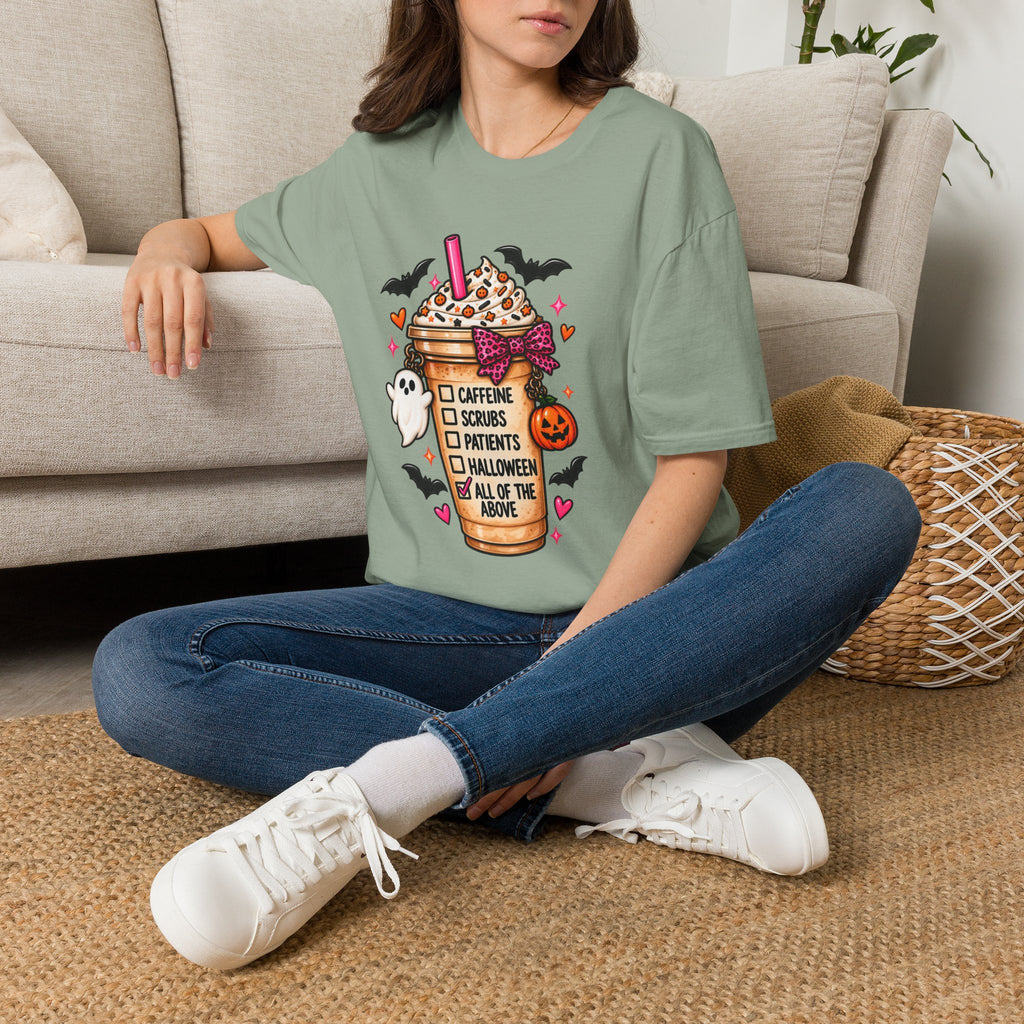 Halloween Nurse Coffee T-Shirt — "Caffeine, Scrubs, Patients" Fall Medical Tee