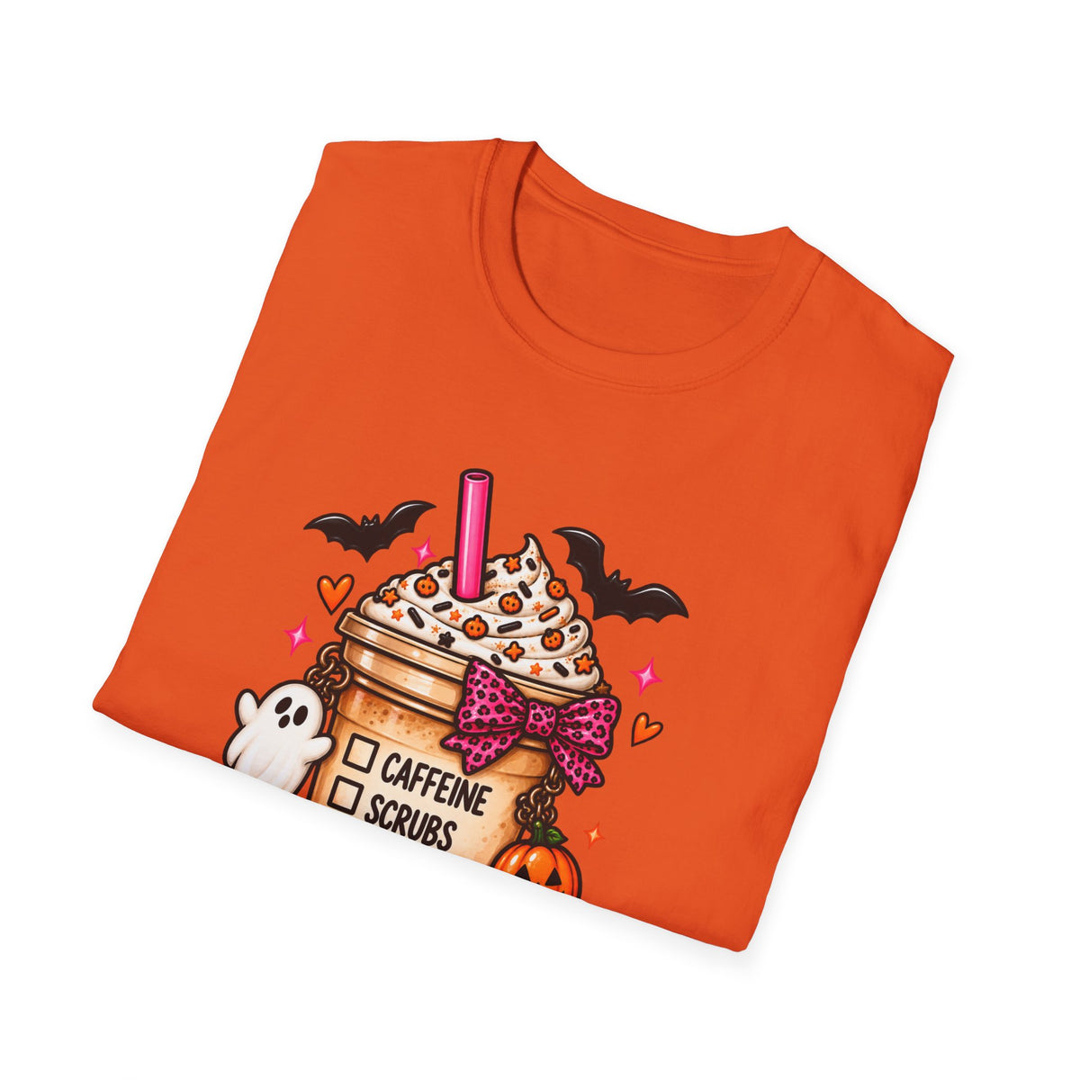 Halloween Nurse Coffee T-Shirt — "Caffeine, Scrubs, Patients" Fall Medical Tee