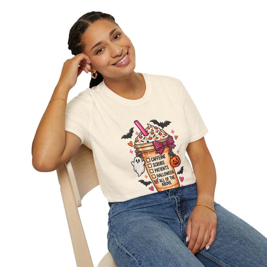 Halloween Nurse Coffee T-Shirt — "Caffeine, Scrubs, Patients" Fall Medical Tee