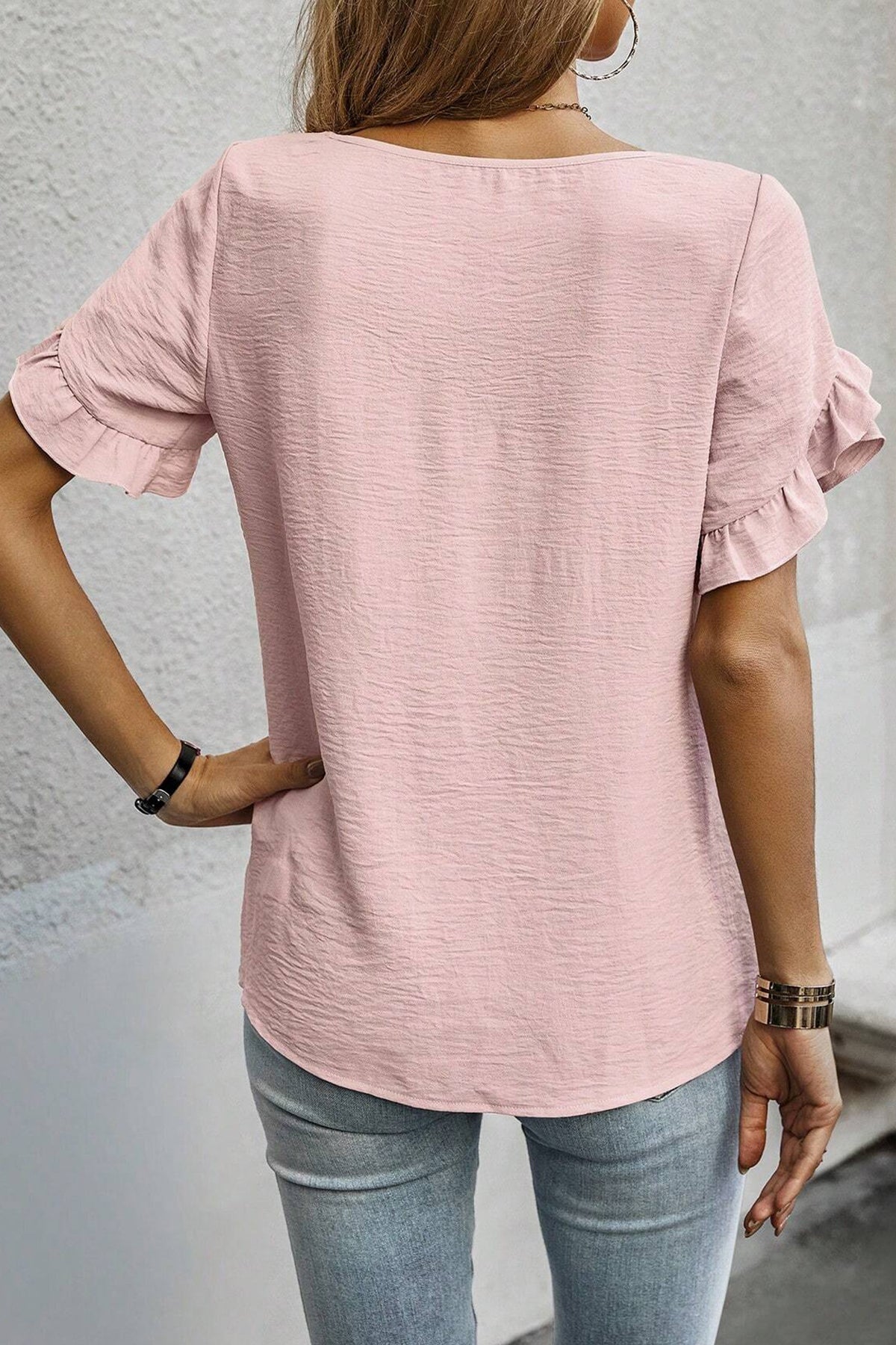 Sea Green Solid Color Ruffle Trim Short Sleeve Blouse