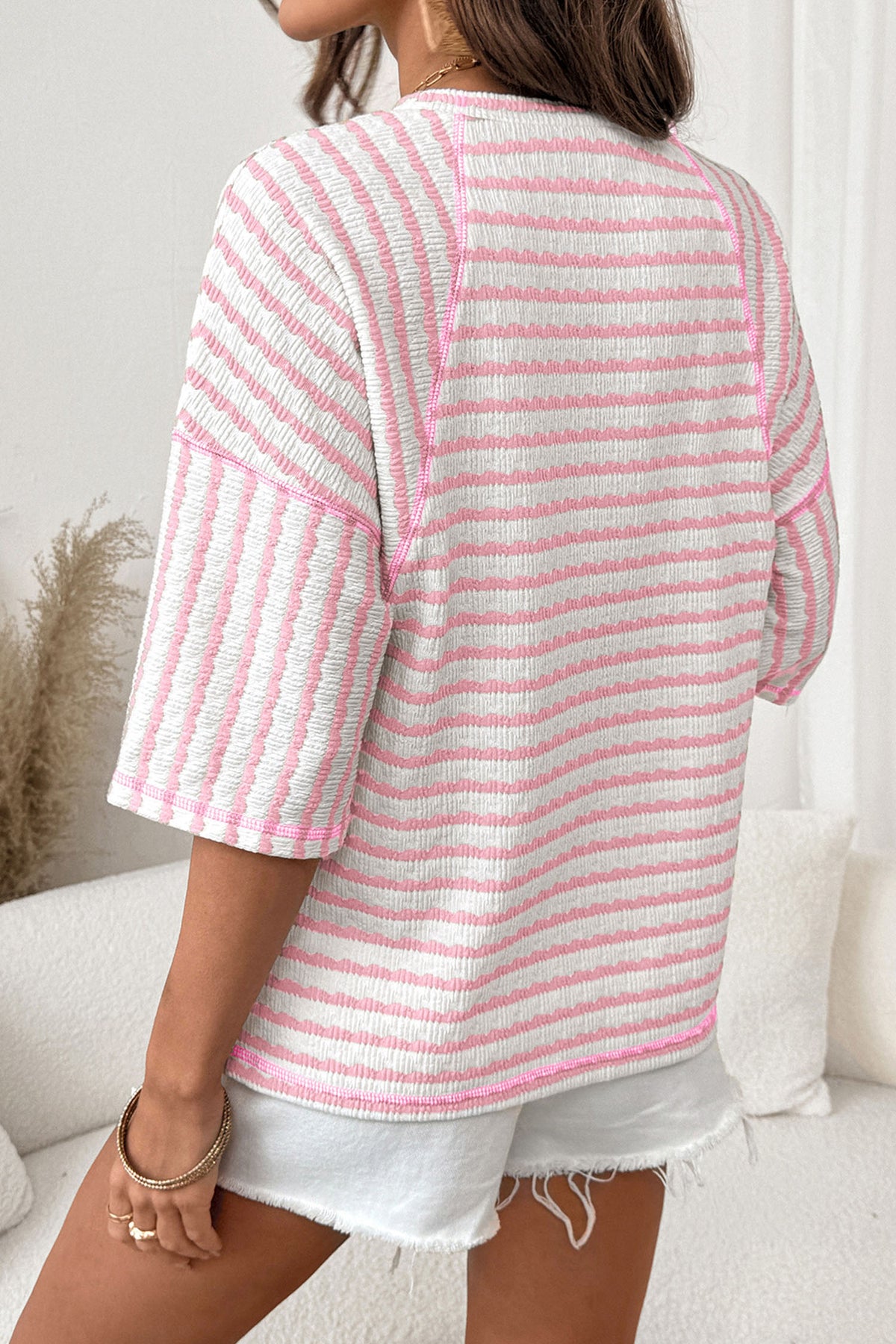 Blue Stripe Textured Knit Split Hem Half Sleeve Loose Top