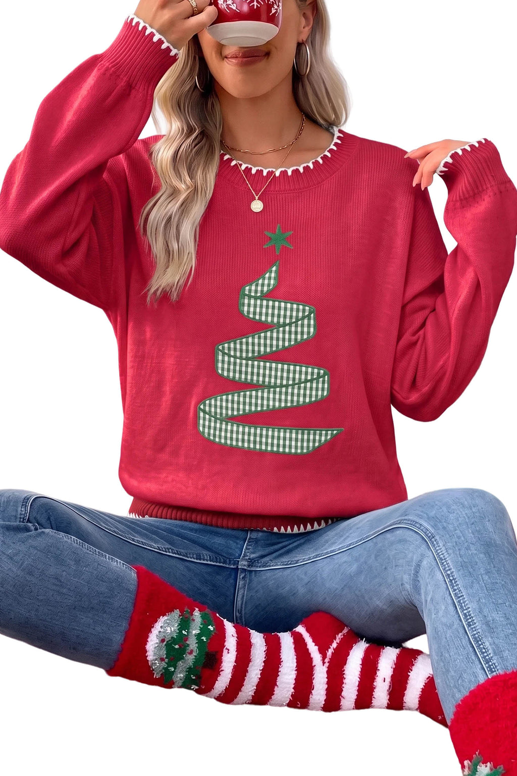 Racing Red Stitched Detail Christmas Tree Holiday Casual Sweater